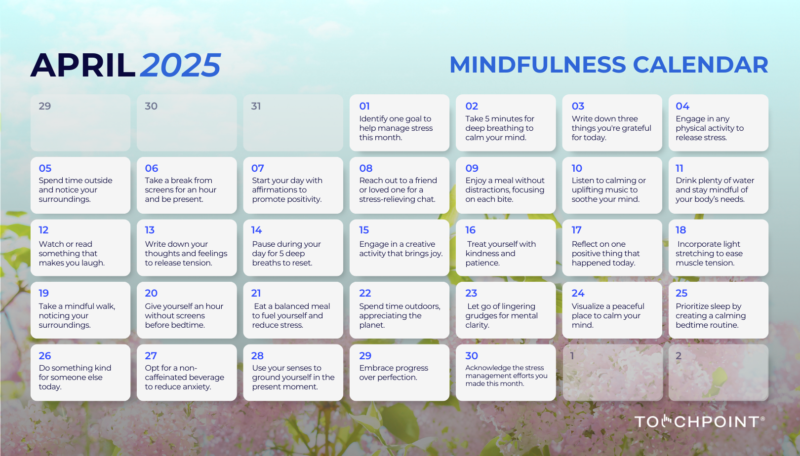 Embrace Stress Awareness Month April 2025 Mindfulness Calendar